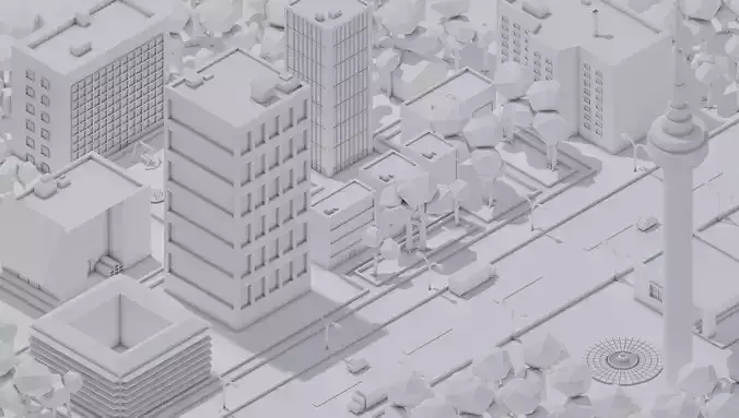 Low poly city with buildings and trees
