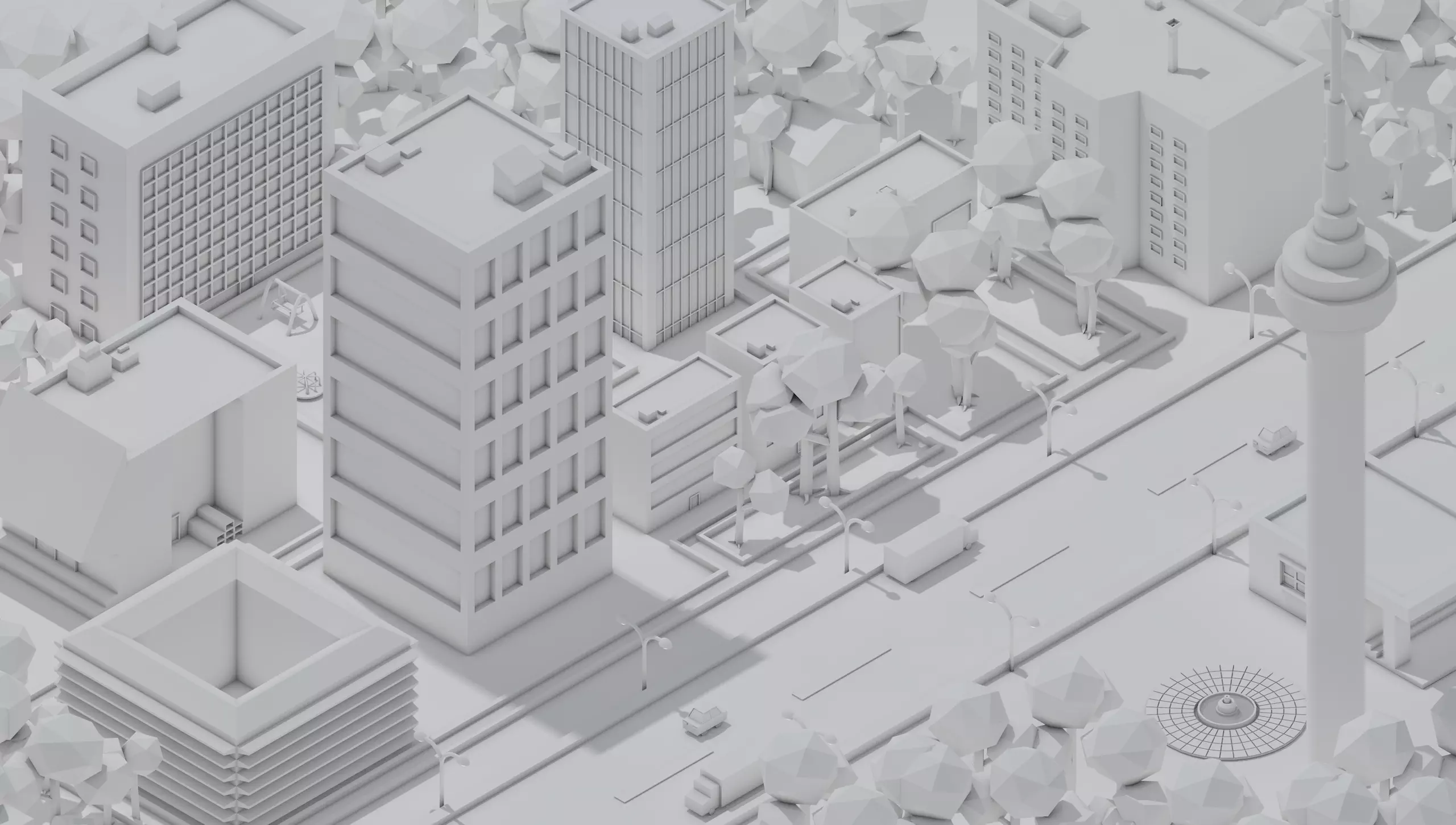 Low poly city with buildings and trees Low-poly 3D model_0