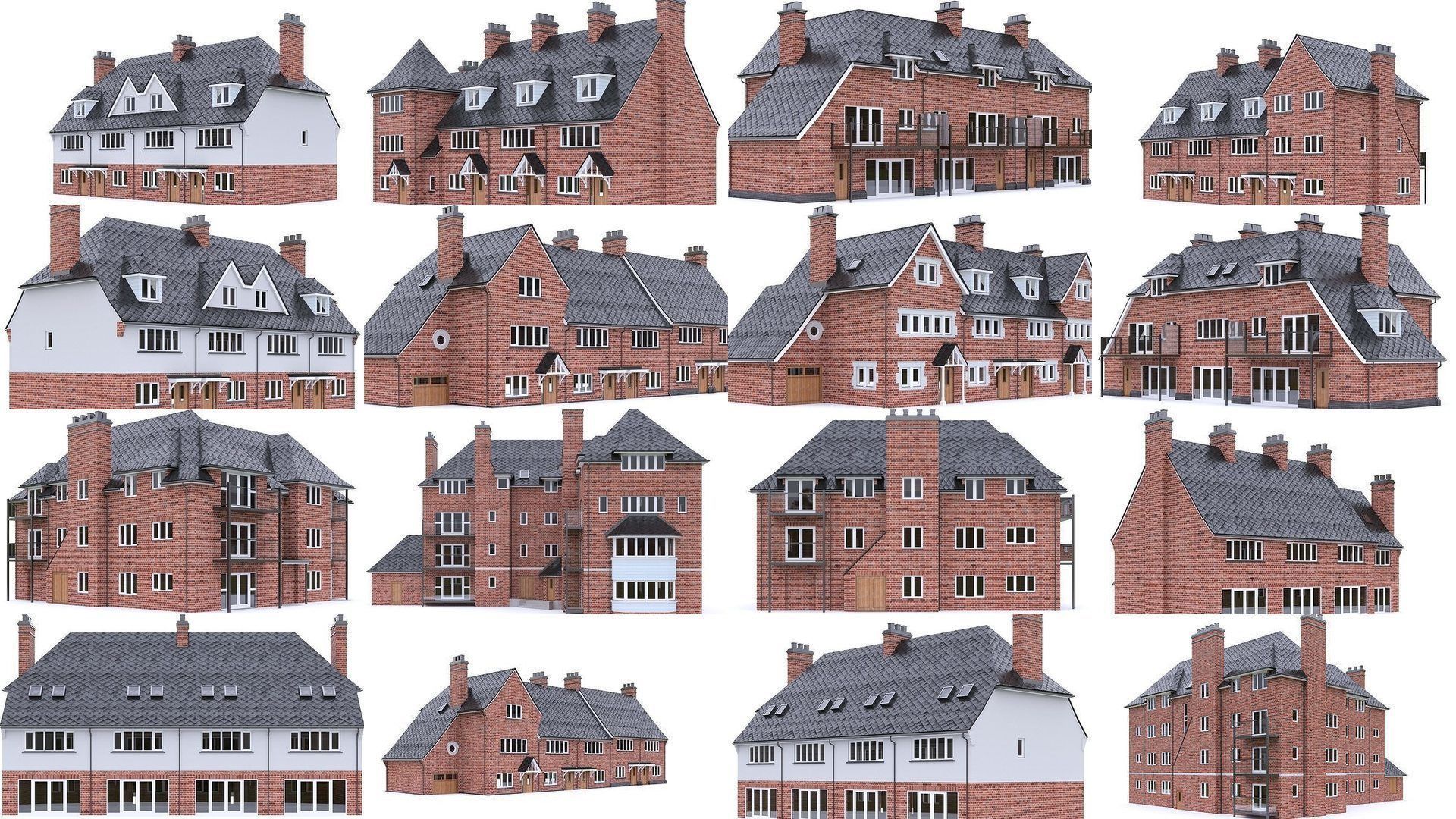 English Brick Houses 3D Model Collection_1
