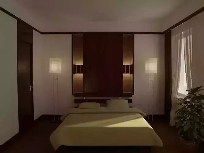 Bedroom with wooden paneling and lamps