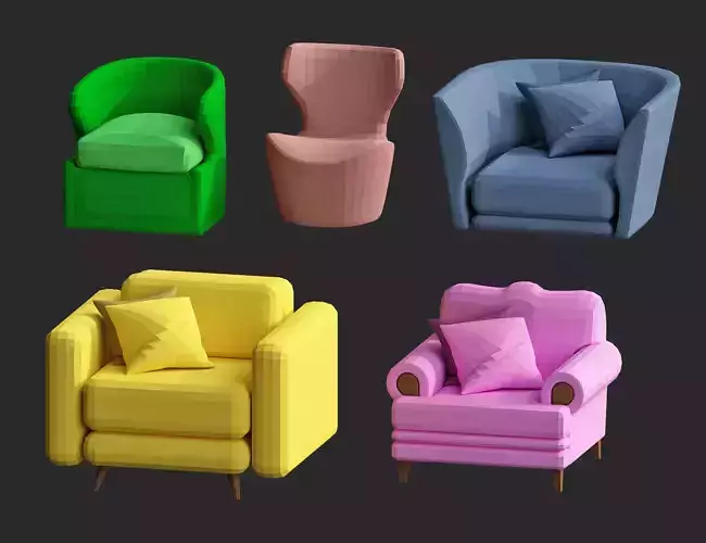low poly armchair 3d model pack for game