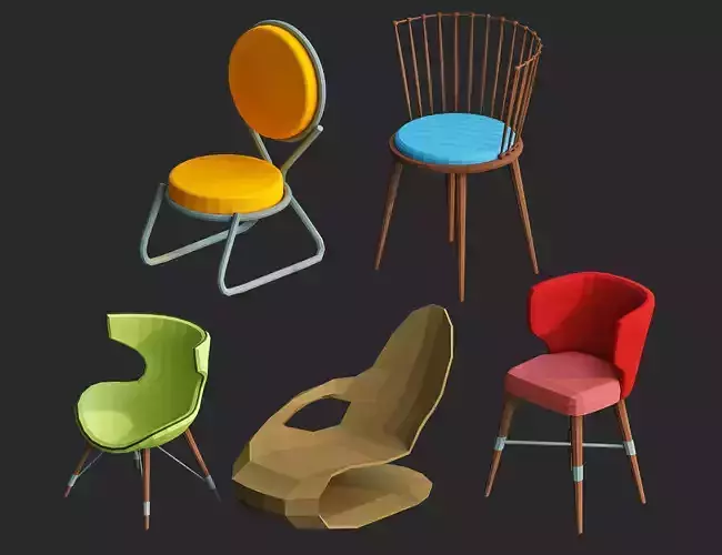 low poly chairs 3d models pack for game