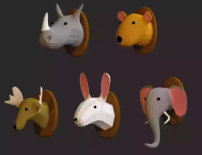 cartoon animals head decoration low poly 3d models for game