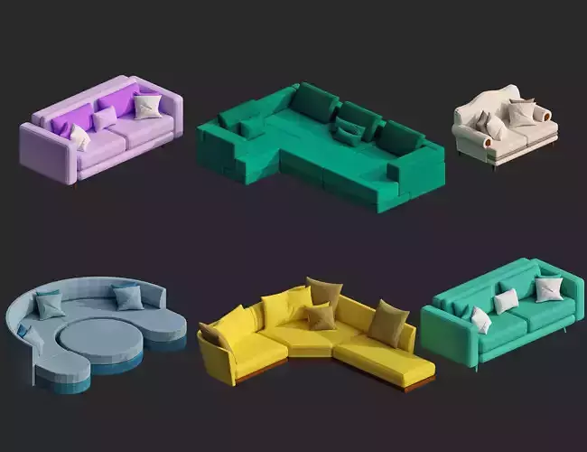 cartoon sofas low poly 3d models  for game