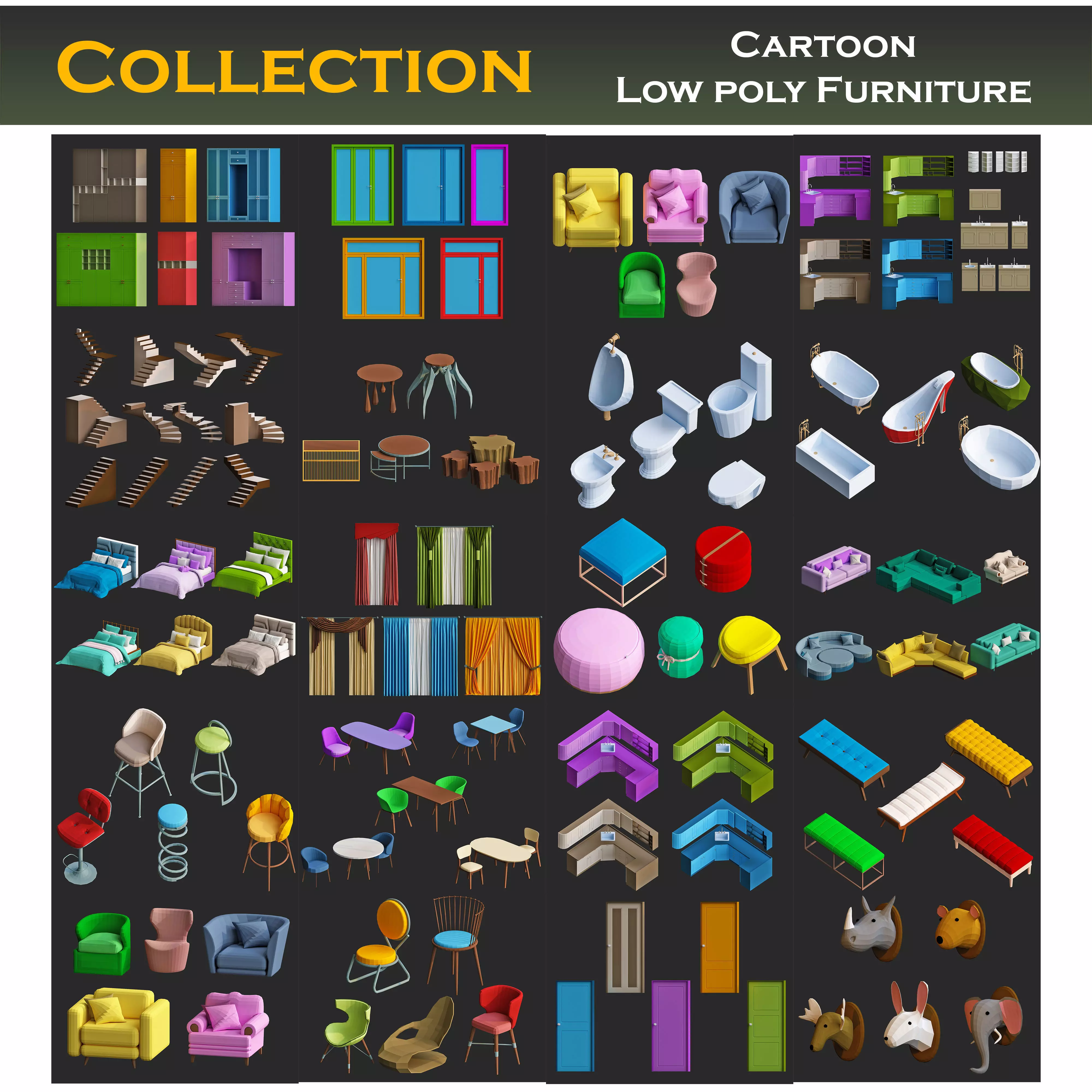 Cartoon furniture collection for game Low-poly 3D model_0