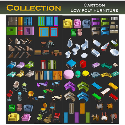 Cartoon furniture collection for game Low-poly 3D model