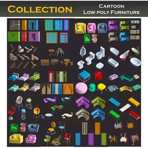 Cartoon furniture collection for game Low-poly 3D model