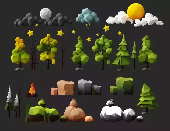 environment low poly 3d models pack for game Low-poly 3D model