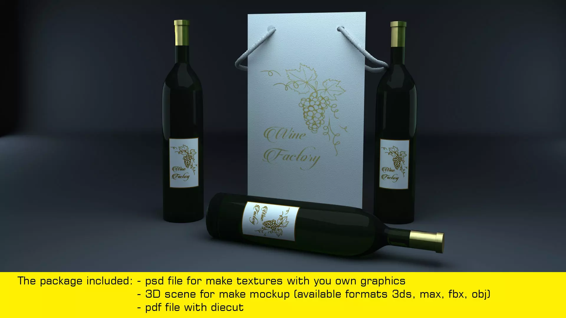 Triangle paper bag for three wine bottles 3D model 3D model