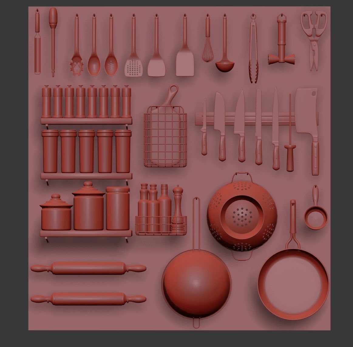 Kitchenware pegboard with kitchen utensils 3D model_4