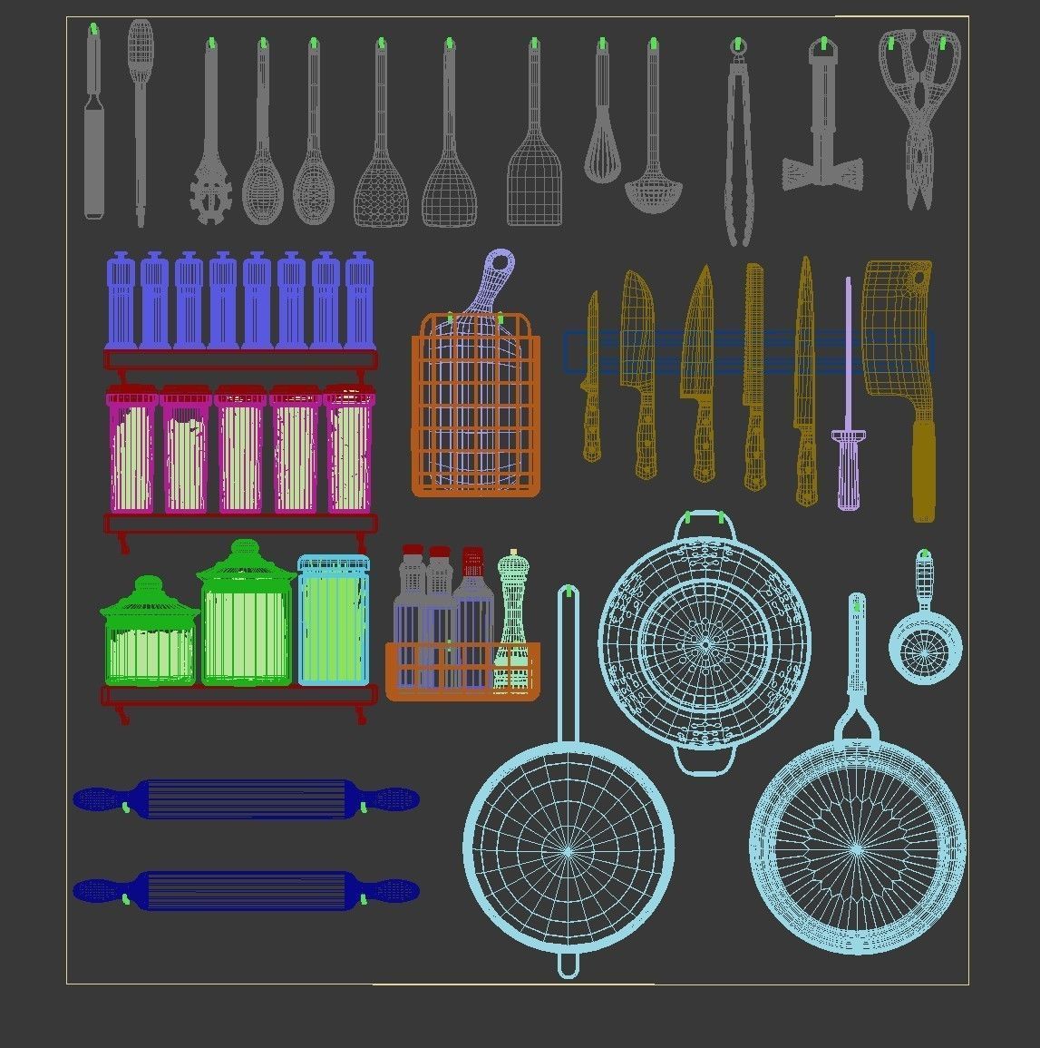 Kitchenware pegboard with kitchen utensils 3D model_3