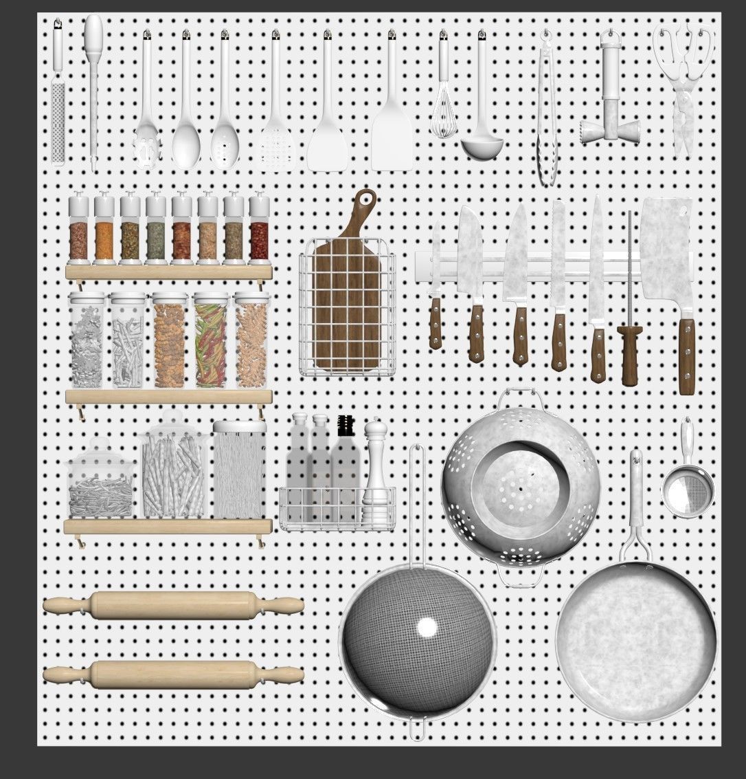 Kitchenware pegboard with kitchen utensils 3D model_2