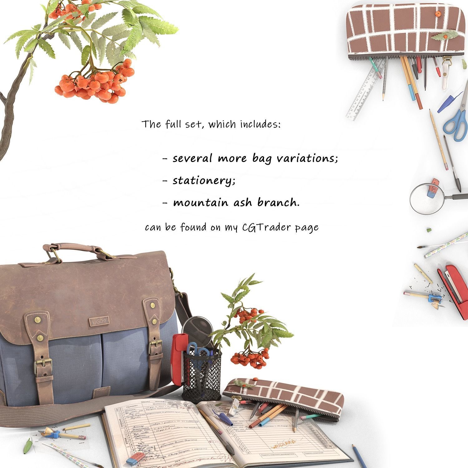 School Stationery with Mountain Ash Branch 3D model_11