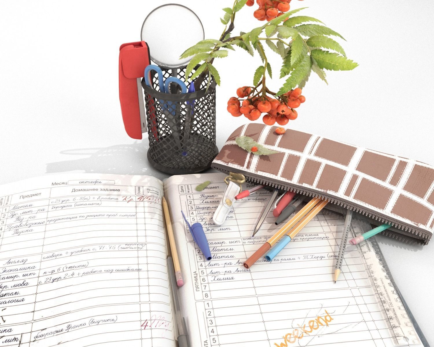 School Stationery with Mountain Ash Branch 3D model_1