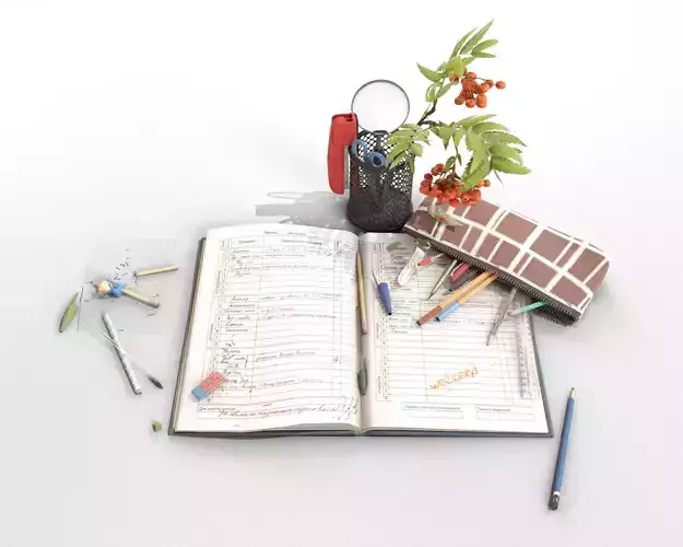 School Stationery with Mountain Ash Branch 3D model