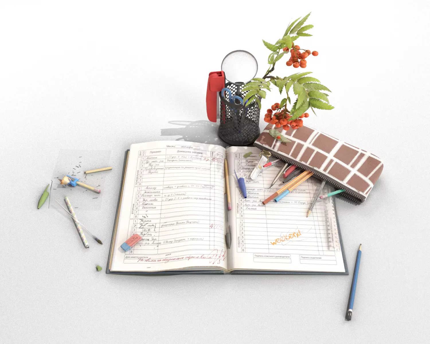 School Stationery with Mountain Ash Branch 3D model_0