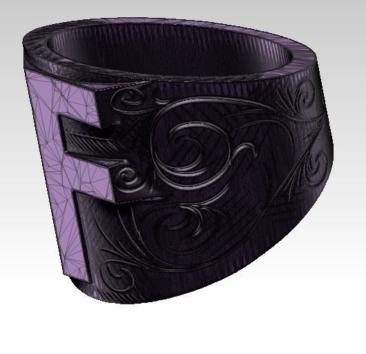 F letter symbol logo carved pattern flower ring 3D print model_7