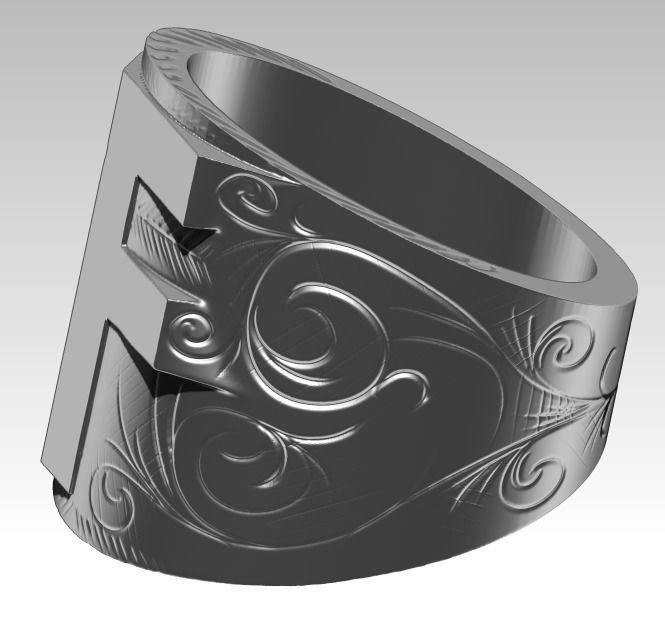 F letter symbol logo carved pattern flower ring 3D print model_5