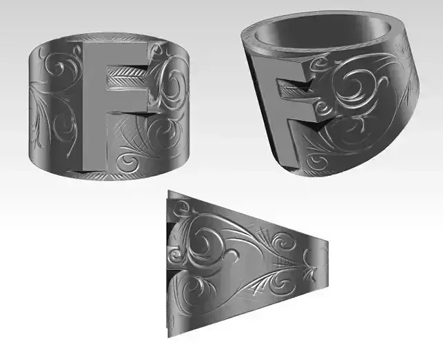 F letter symbol logo carved pattern flower ring