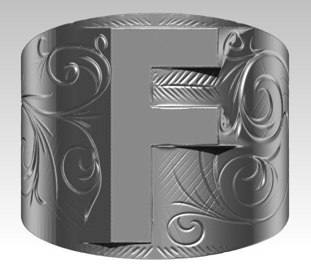 F letter symbol logo carved pattern flower ring 3D print model_1