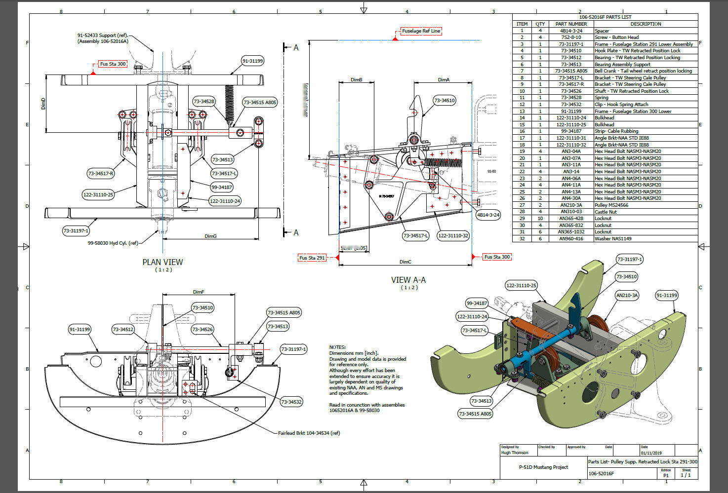P-51D Mustang Pulley Support Retract Lock Lower Fus Sta 291-300 3D print model_6