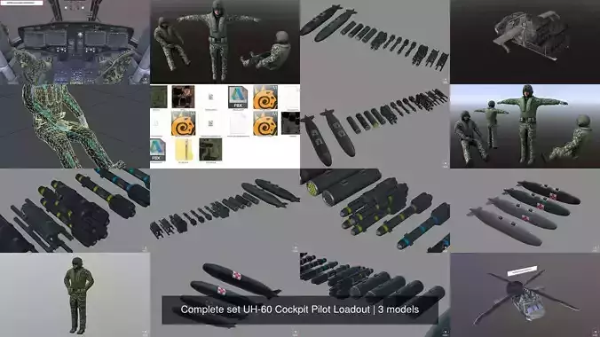 Complete set UH-60 Cockpit Pilot Loadout 3D Model Collection