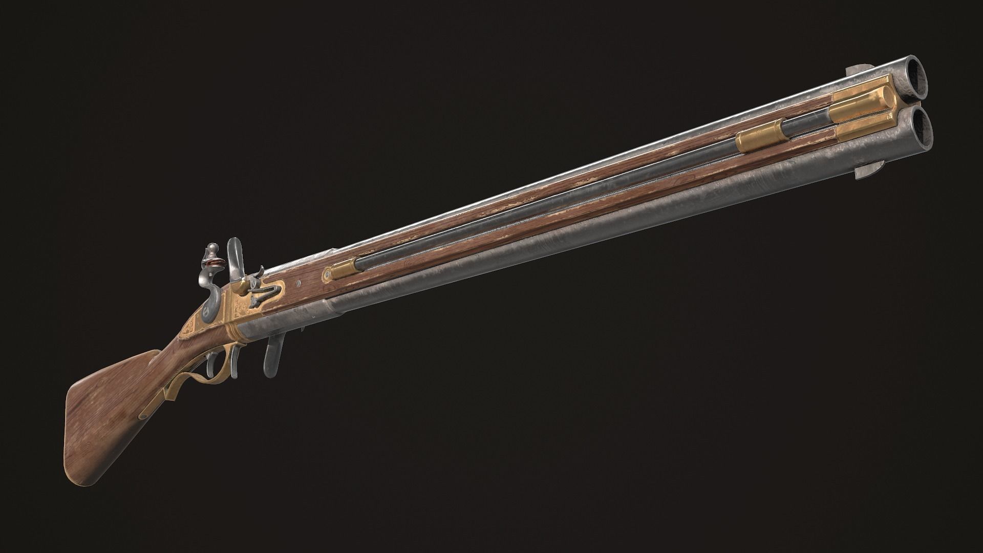 Double-barreled Flintlock Rifle Classic Low-poly 3D model_4
