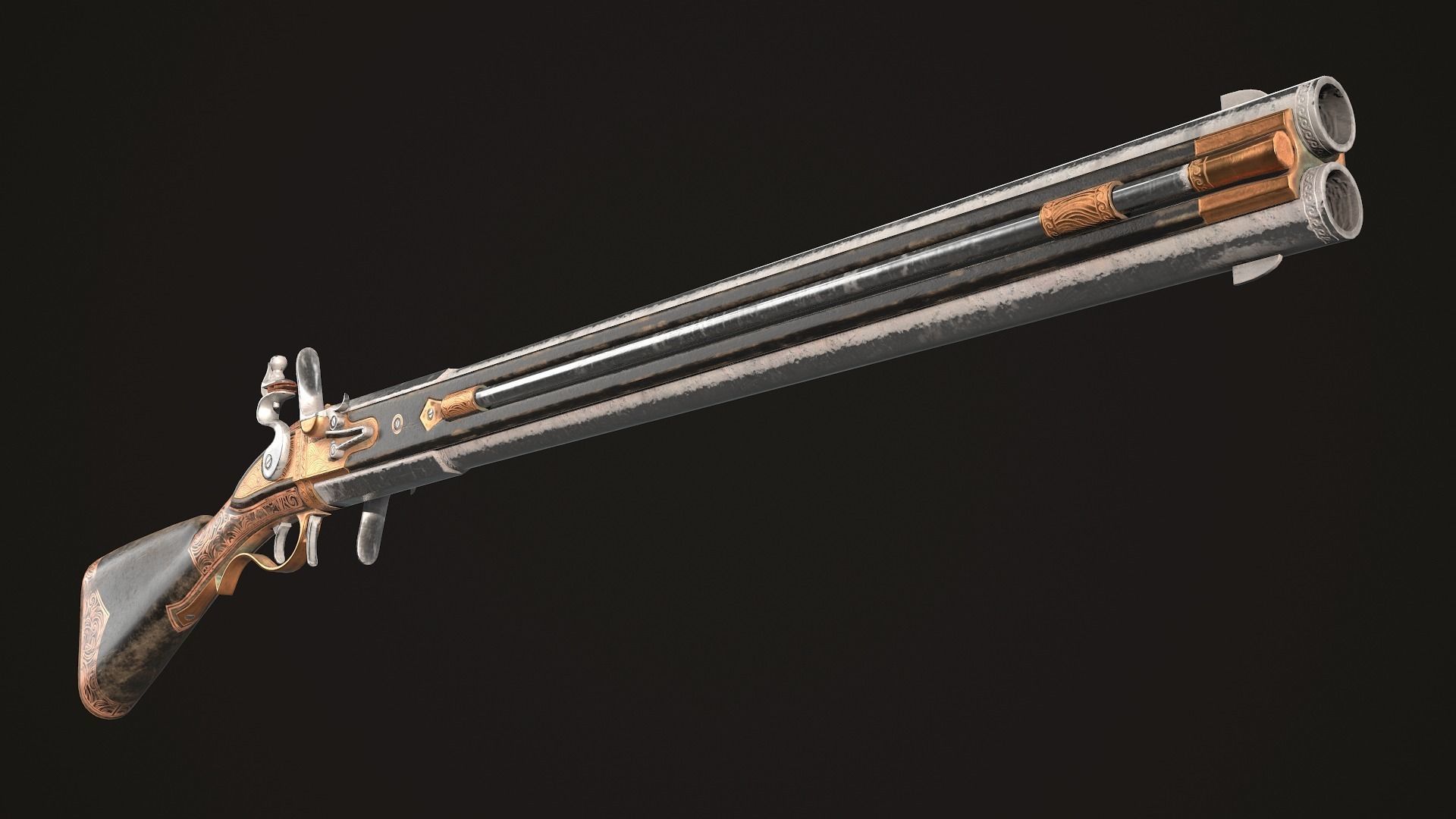 Double-barreled Flintlock Rifle Dark Low-poly 3D model_4