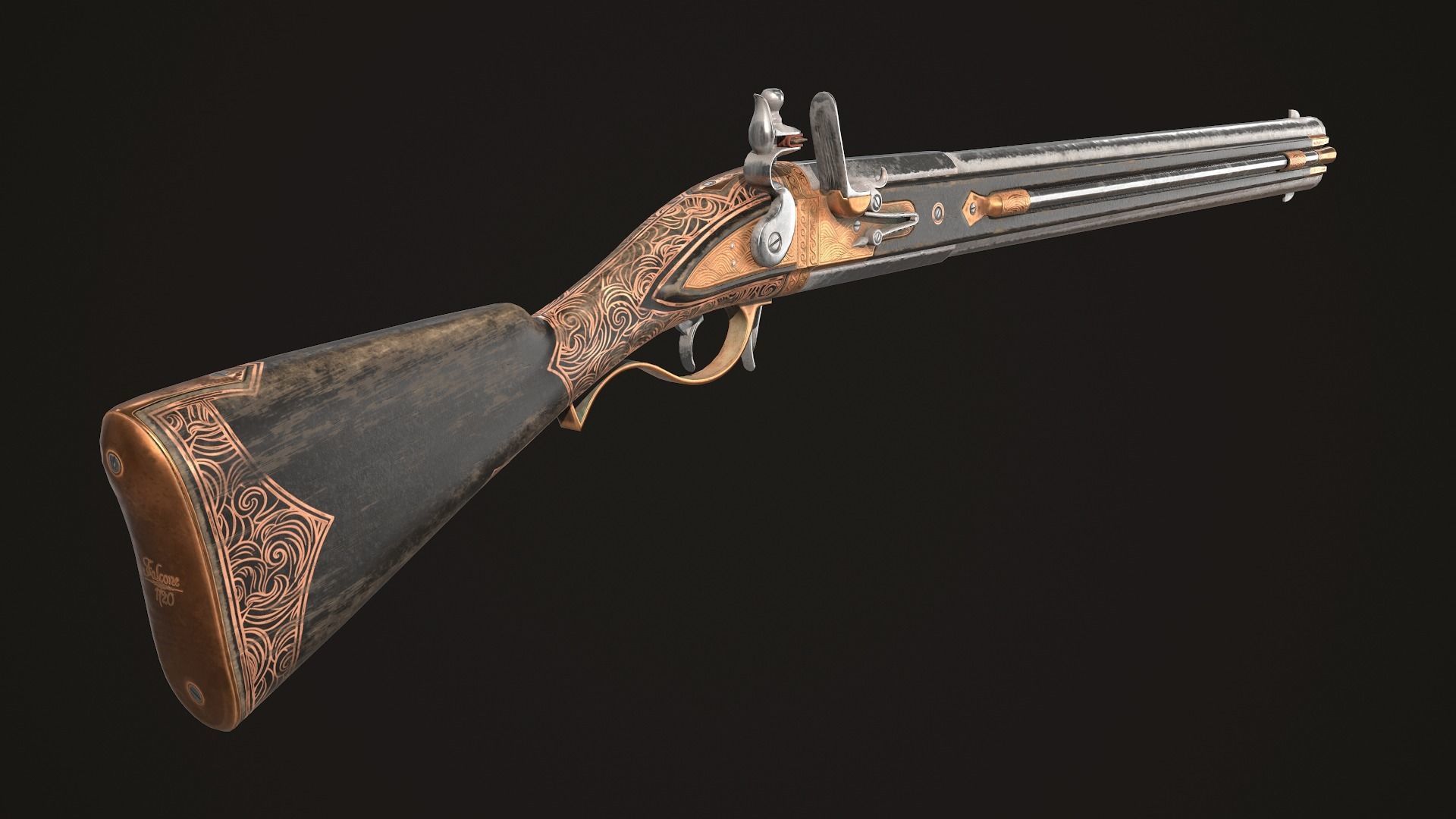 Double-barreled Flintlock Rifle Dark Low-poly 3D model_3