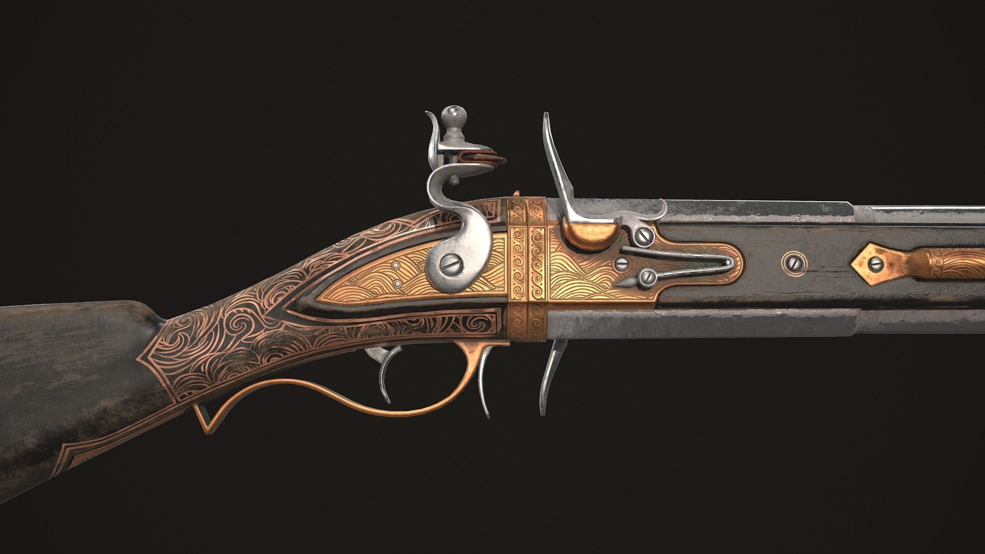 Double-barreled Flintlock Rifle Dark Low-poly 3D model_5