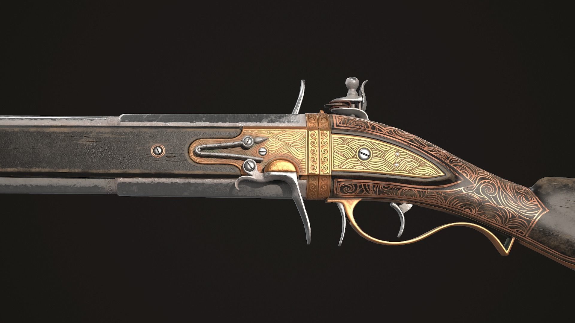 Double-barreled Flintlock Rifle Dark Low-poly 3D model_6