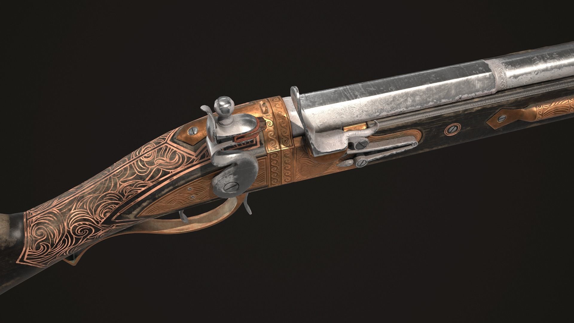 Double-barreled Flintlock Rifle Dark Low-poly 3D model_7