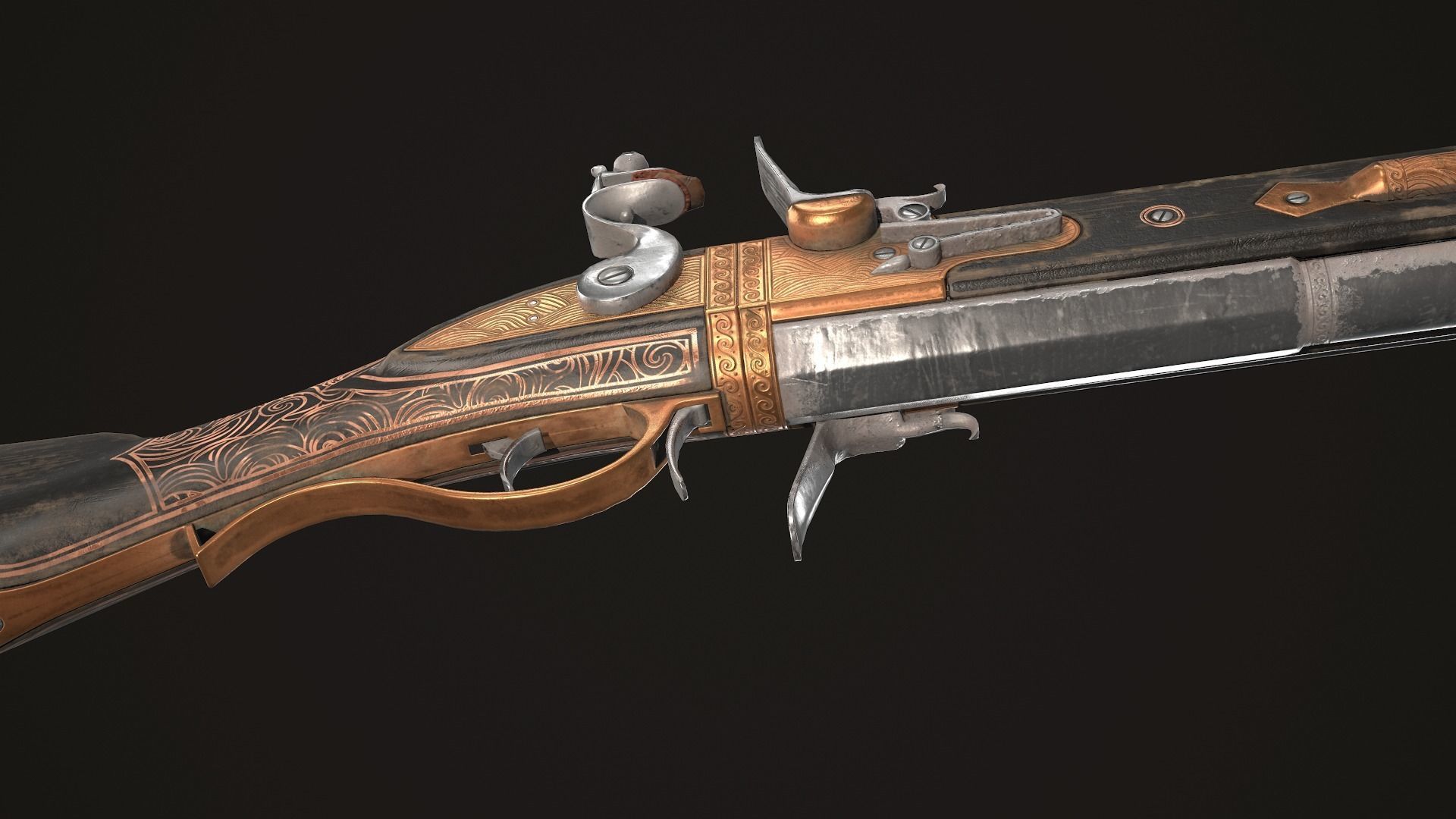 Double-barreled Flintlock Rifle Dark Low-poly 3D model_8