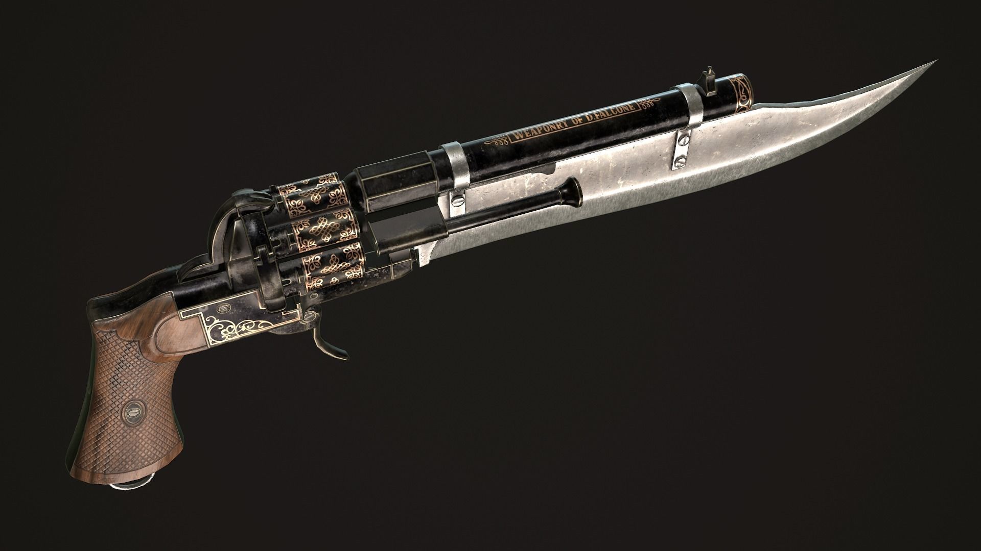 Gunblade Revolver Dark Low-poly 3D model_8