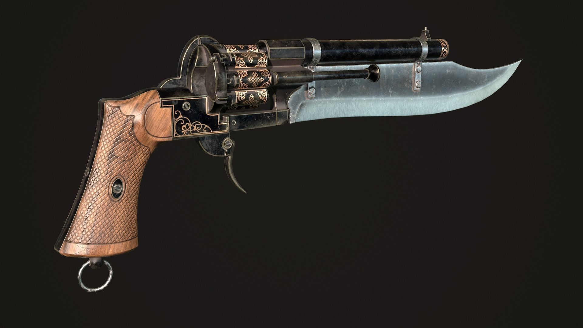 Gunblade Revolver Dark Low-poly 3D model_6