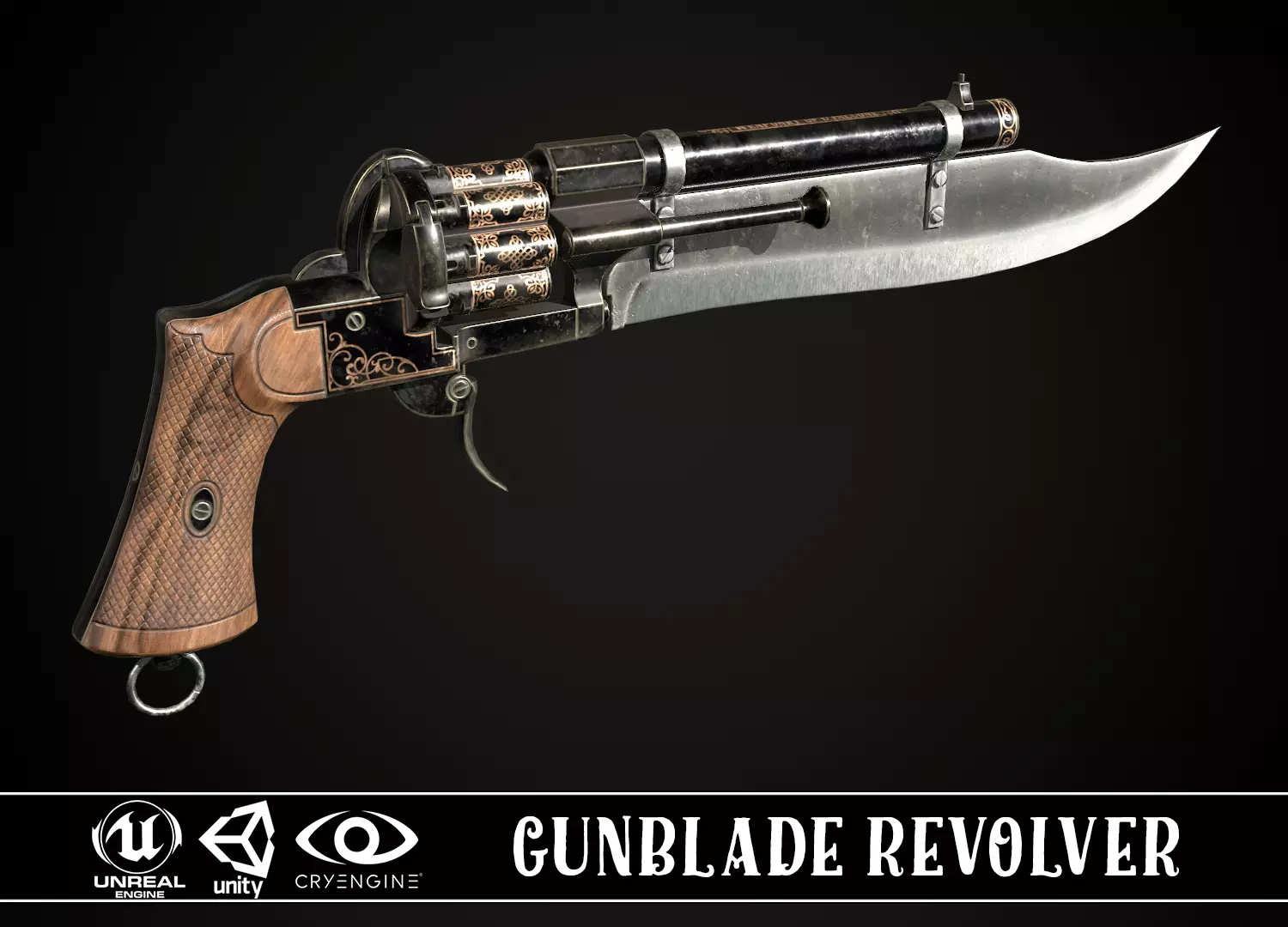 Gunblade Revolver Dark Low-poly 3D model_0
