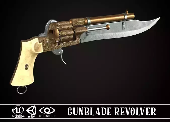 Gunblade Revolver Gilded Low-poly 3D model