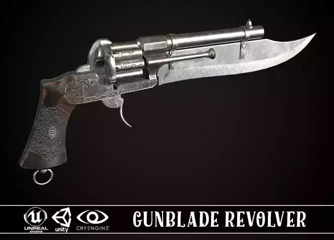 Gunblade Revolver Steel Low-poly 3D model