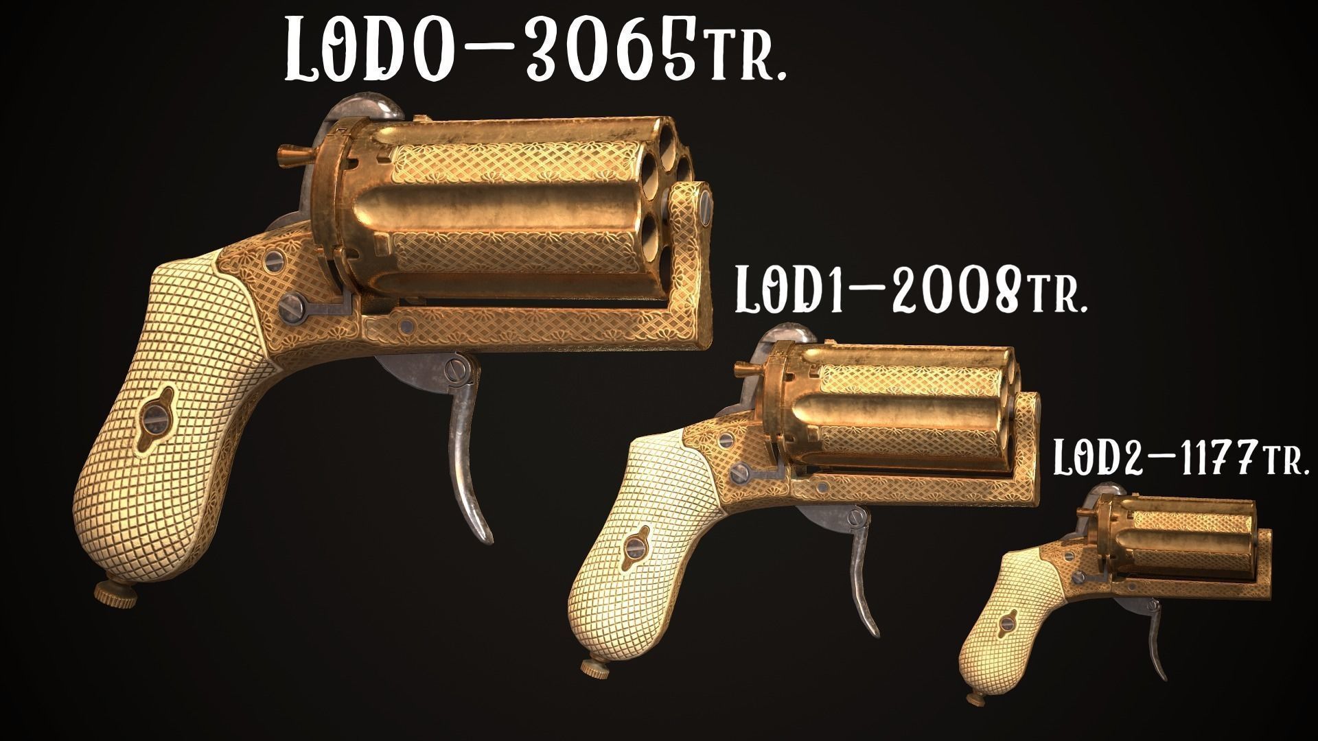 Pepperbox Revolver Brass Low-poly 3D model_1