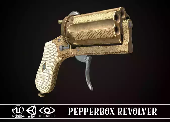 Pepperbox Revolver Brass Low-poly 3D model