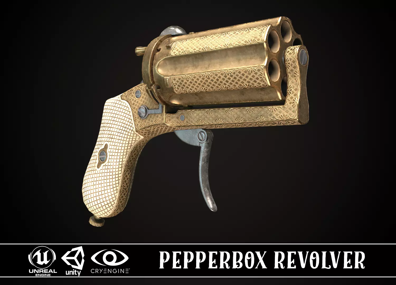 Pepperbox Revolver Brass Low-poly 3D model_0