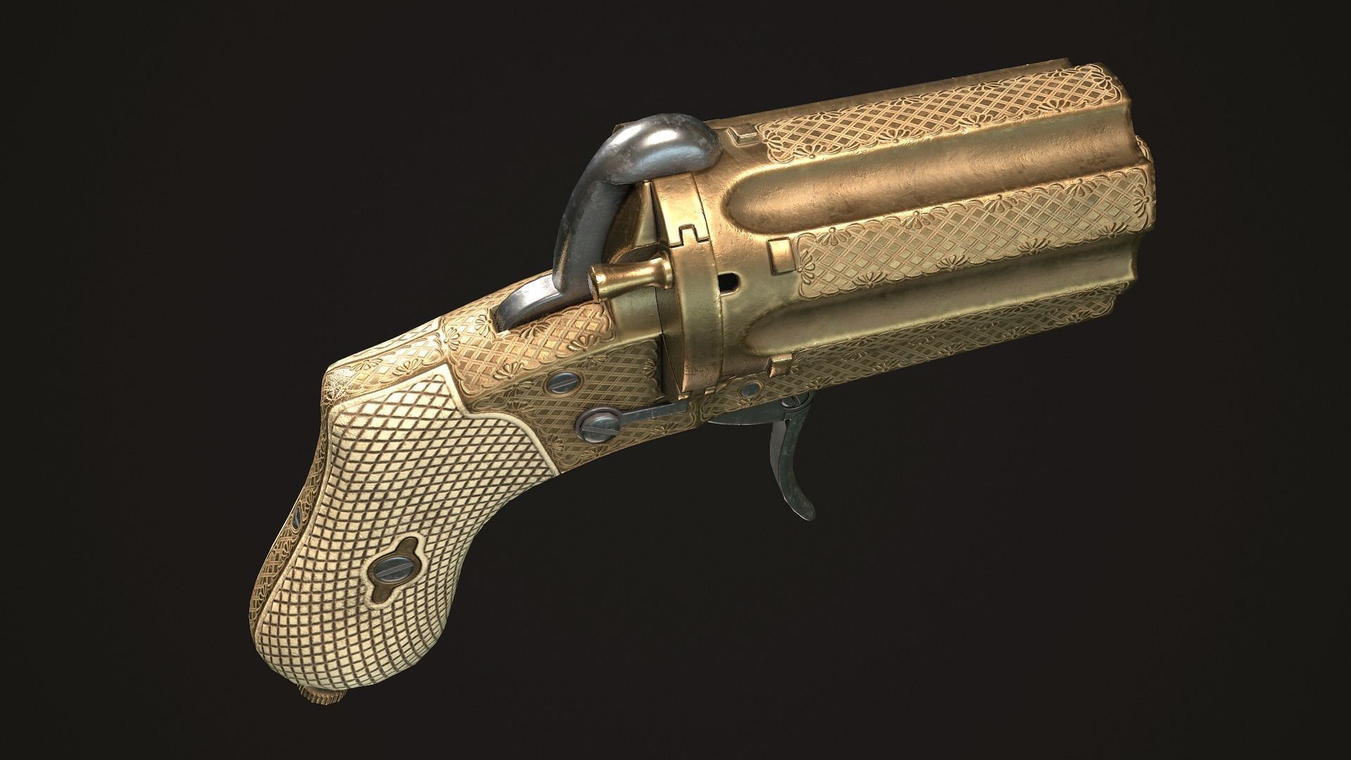 Pepperbox Revolver Brass Low-poly 3D model_6