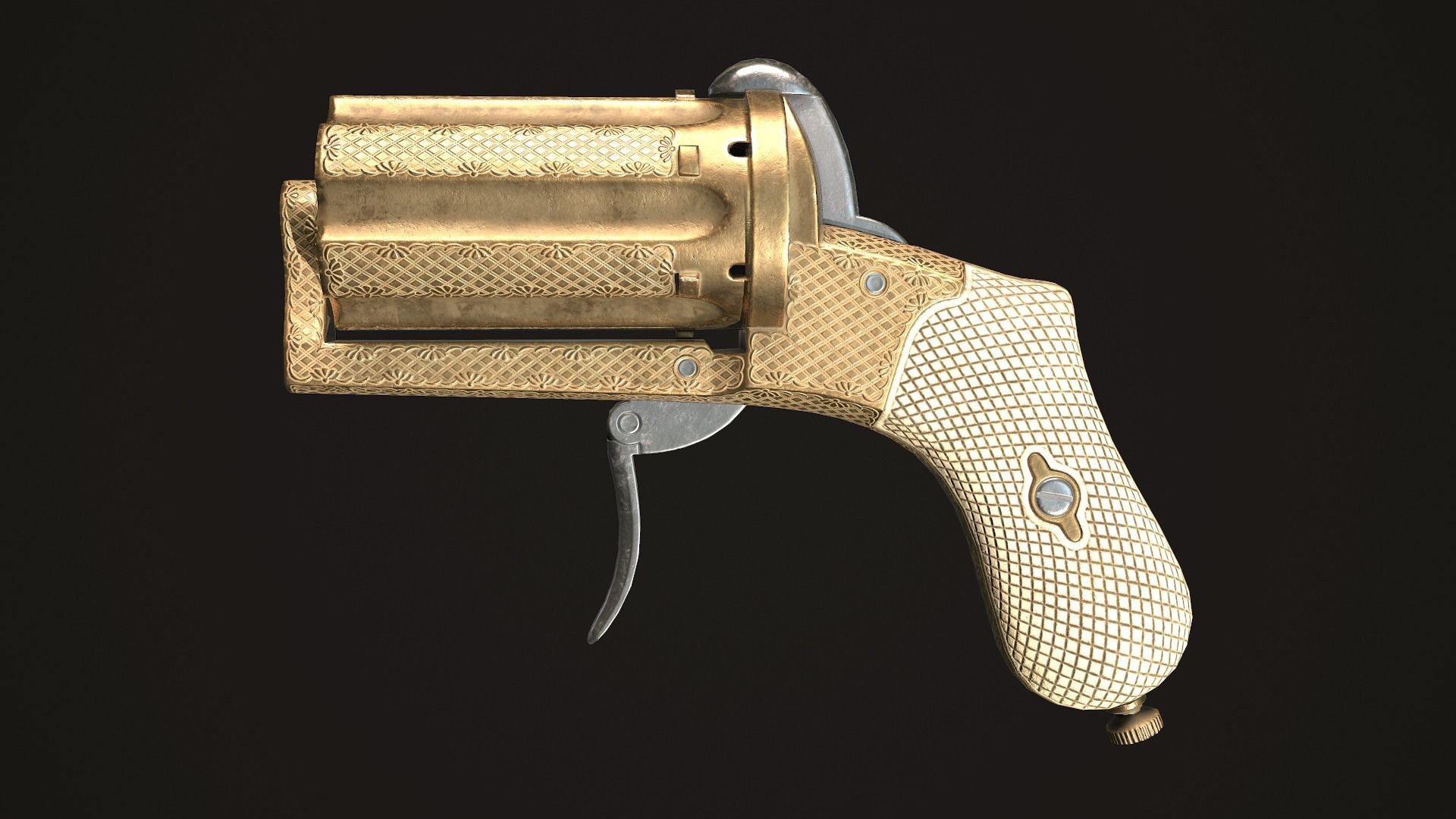 Pepperbox Revolver Brass Low-poly 3D model_3