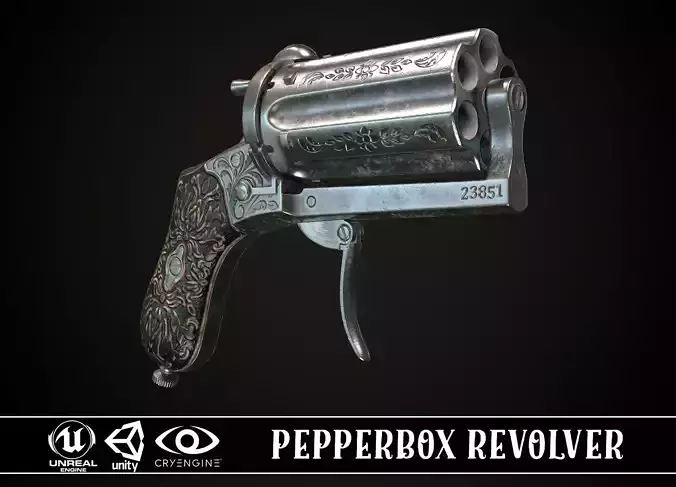 Pepperbox Revolver Steel Low-poly 3D model