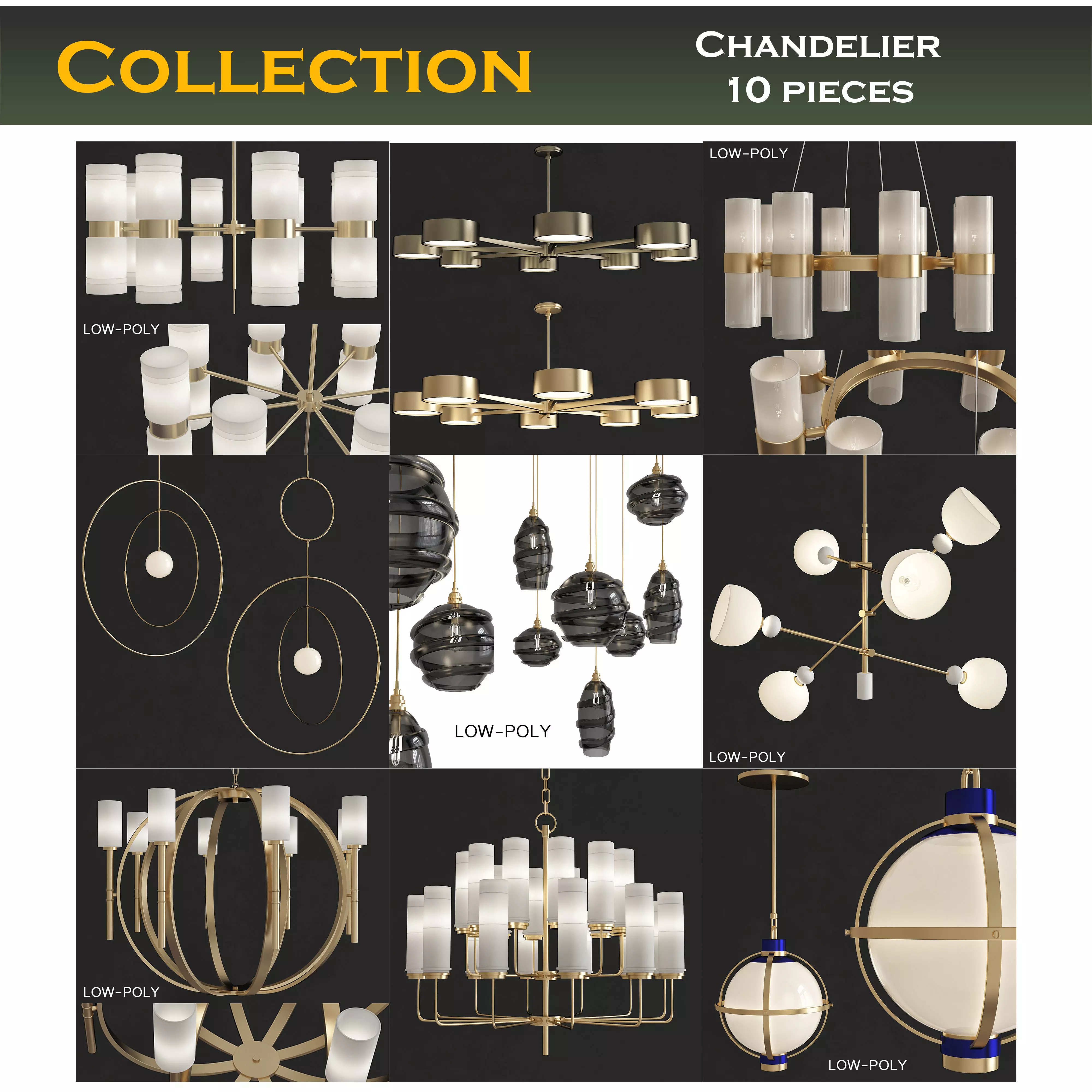 Chandelier low poly 3d model collection with shades and gold ... Low-poly 3D model_0