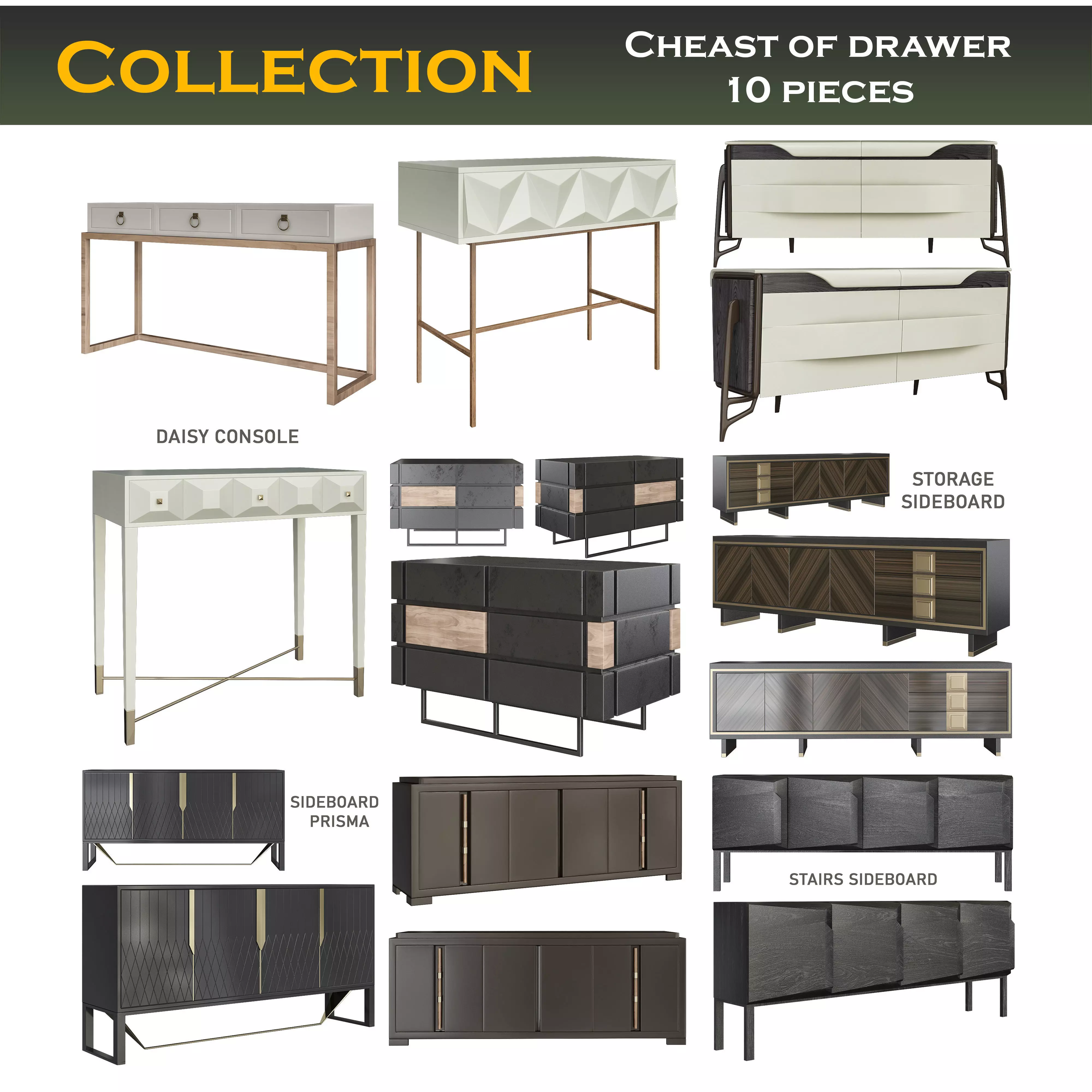 Cheast of drawers low poly 3d model collection Low-poly 3D model