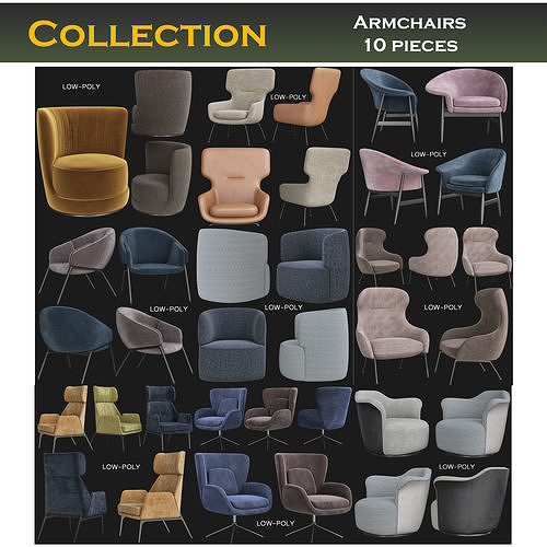 Armchairs low poly 3d model collection pieces Low-poly 3D model