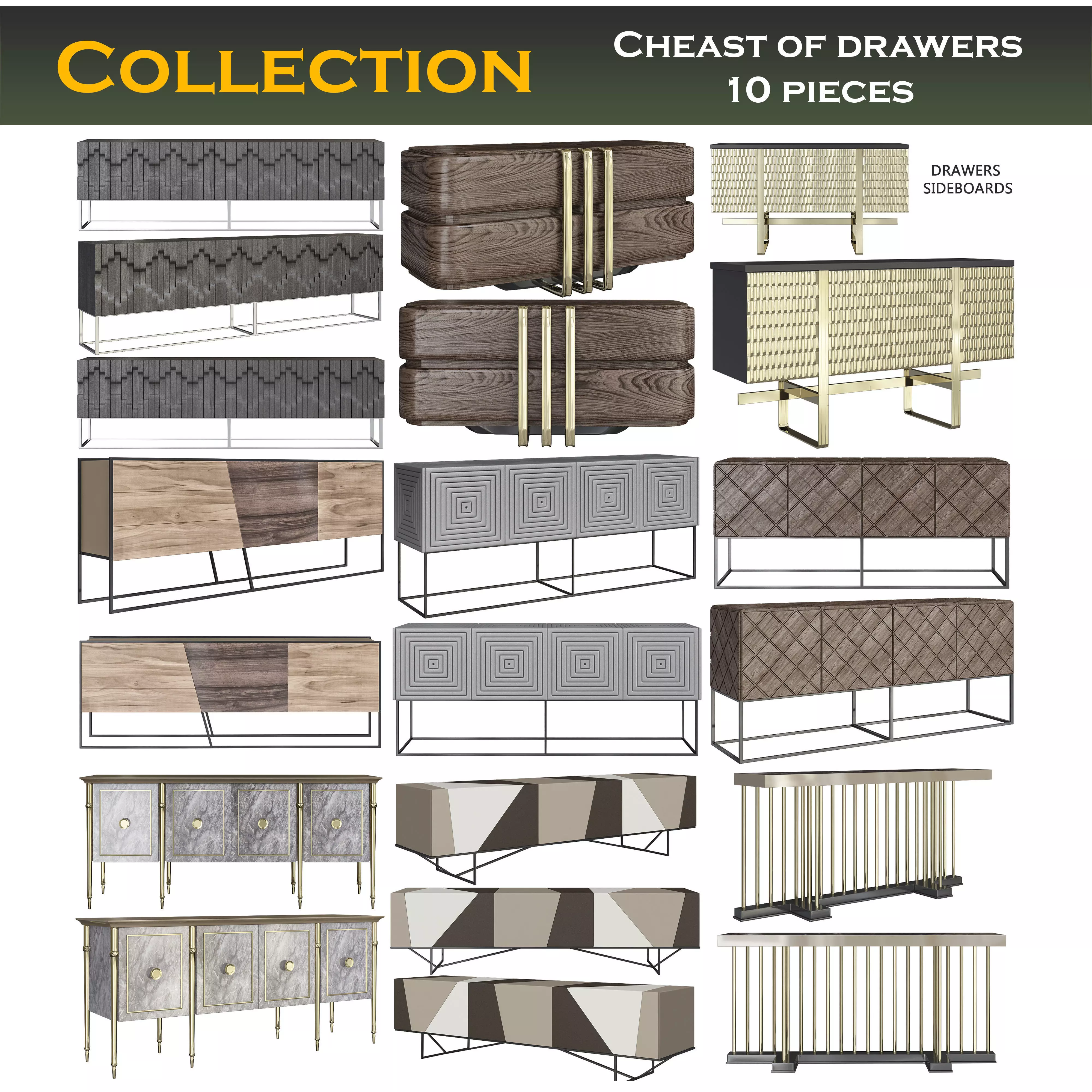 Cheast of Drawers low poly 3d model collection Low-poly 3D model_0