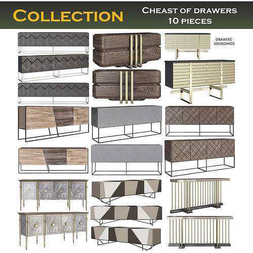 Cheast of Drawers low poly 3d model collection Low-poly 3D model