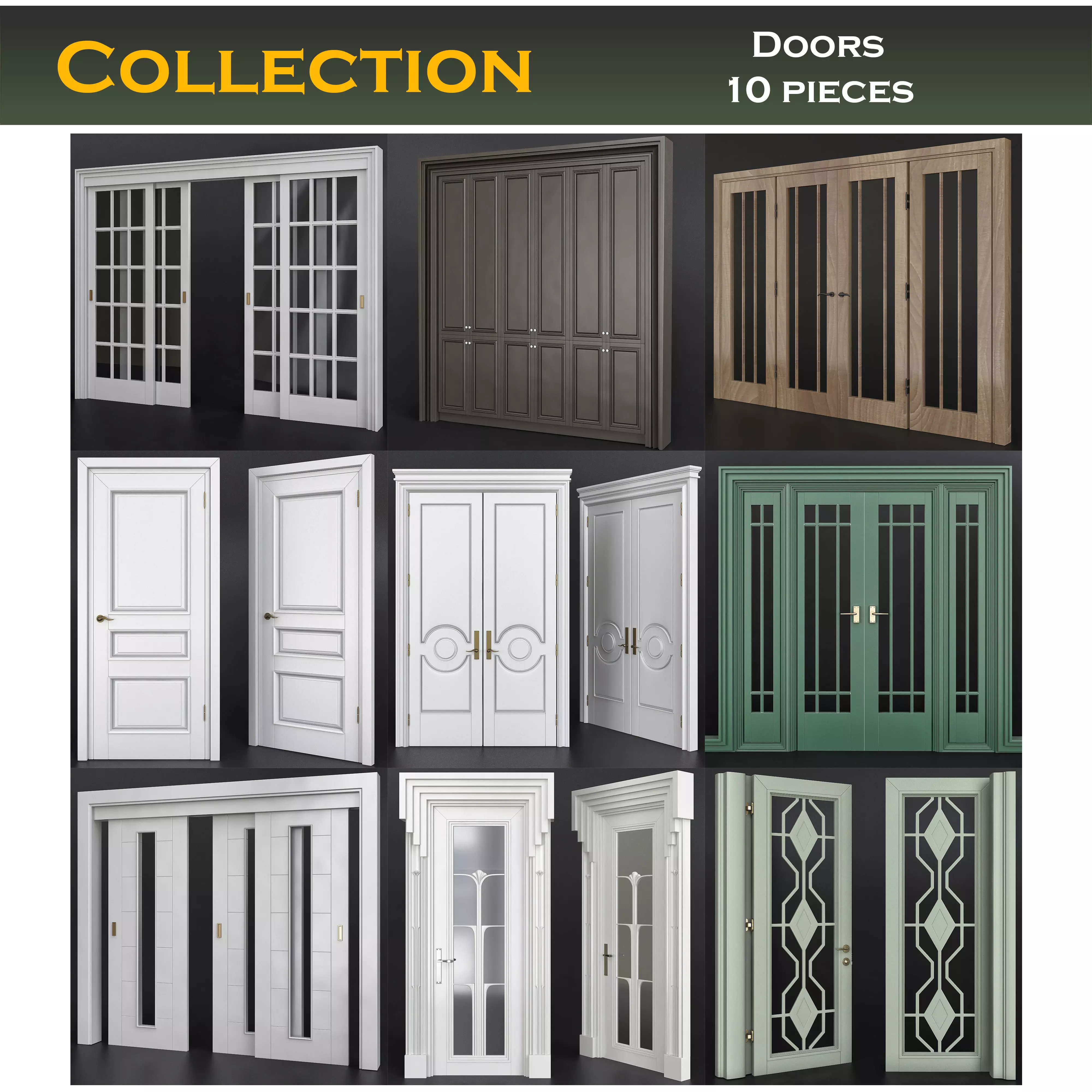 Doors low poly 3d model collection sliding door with glass pa... Low-poly 3D model_0